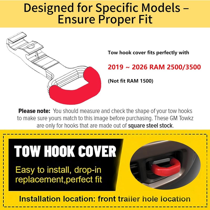 Yinnianets Custom Tow Hook Covers Fits for 2019-2025 RAM 2500/3500,Tow Hitch Cover Car Tow Hooks Compatible with Dodge RAM 2500 and RAM 3500 Accessories 2019-2025 (Red) - Image 5